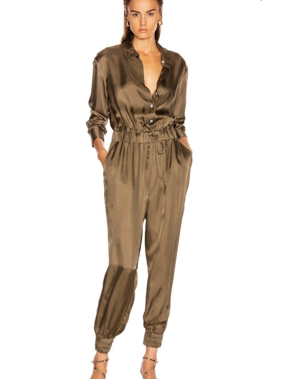 Cinq à Sept Joyce Jumpsuit in Taupe/Olive Satin – Size Small